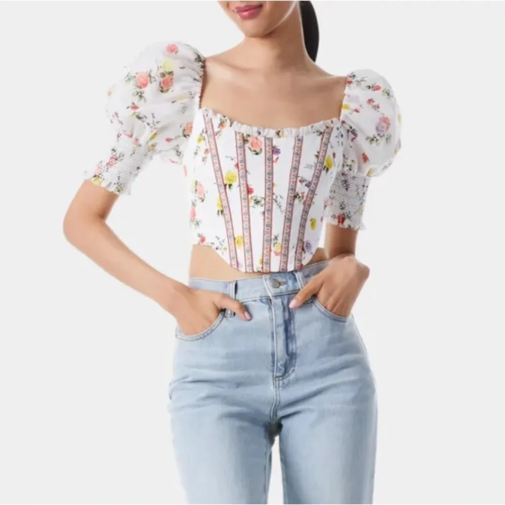 Alice + Olivia Audie Floral Puff-Sleeve Corset Top
